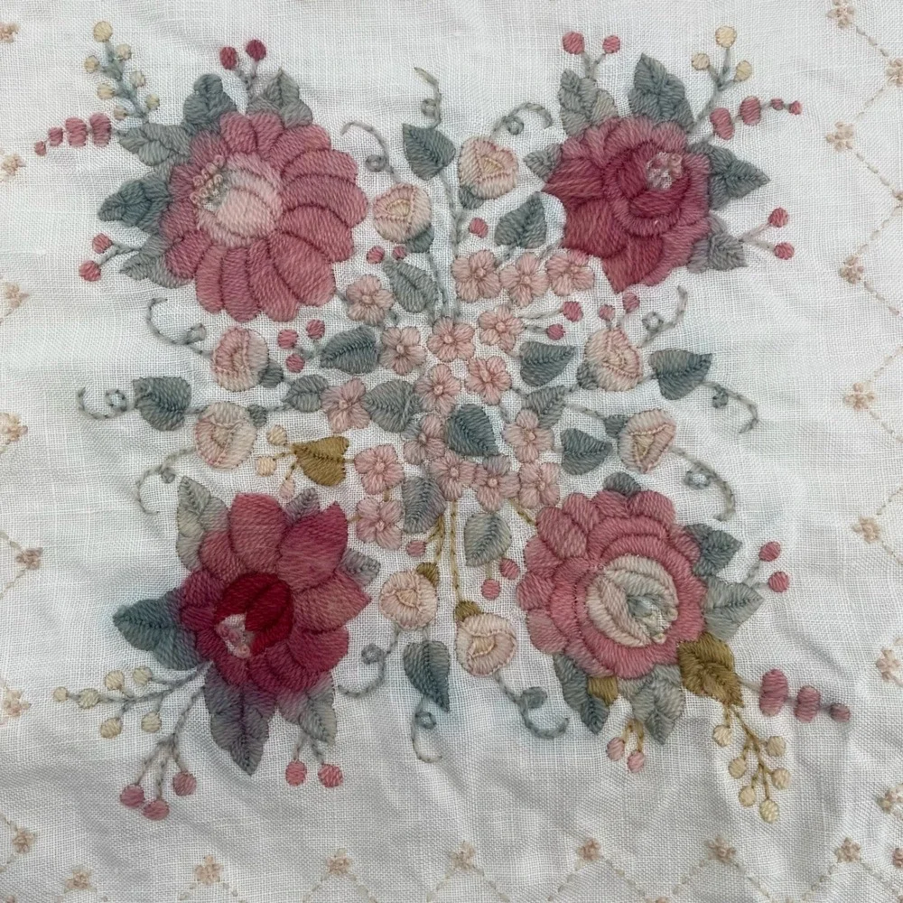 Vtg Embroidered Floral Pillow Cover Lace Ruffle Handmade Rose Cottage Granny